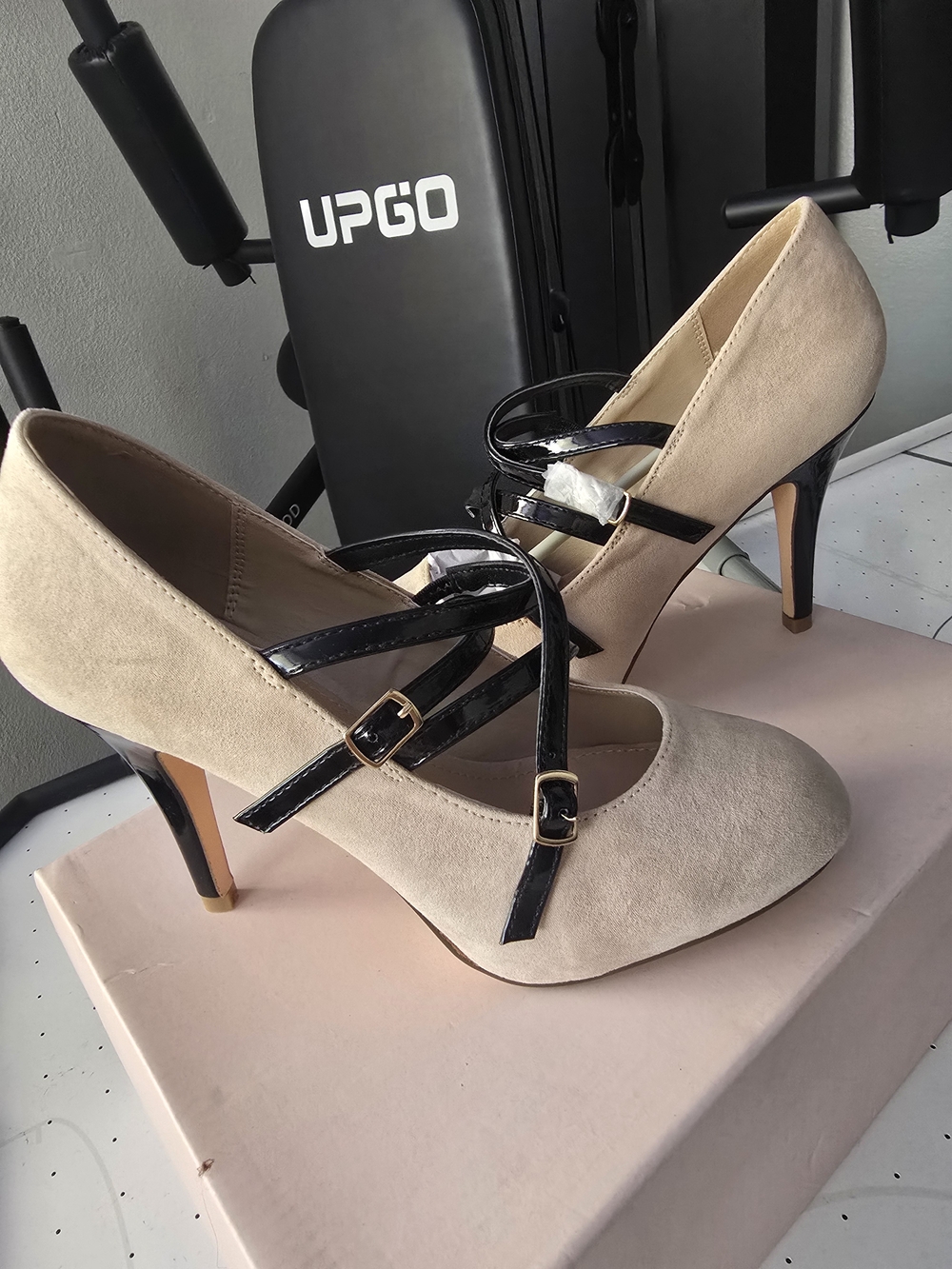 Beige Suede Mary Jane Heels with Black Patent Cross Straps